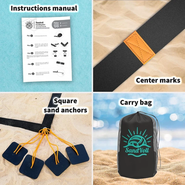 Alt view image 2 of 6 - Portable 2 Inch Beach Volleyball Boundary Lines for Sand Official Court Size (52.6' x 26.3') with Sand Anchors/Metal Stakes & Net Bag