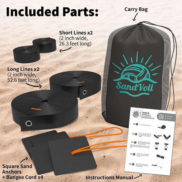 Alt view image 6 of 6 - Portable 2 Inch Beach Volleyball Boundary Lines for Sand Official Court Size (52.6' x 26.3') with Sand Anchors/Metal Stakes & Net Bag