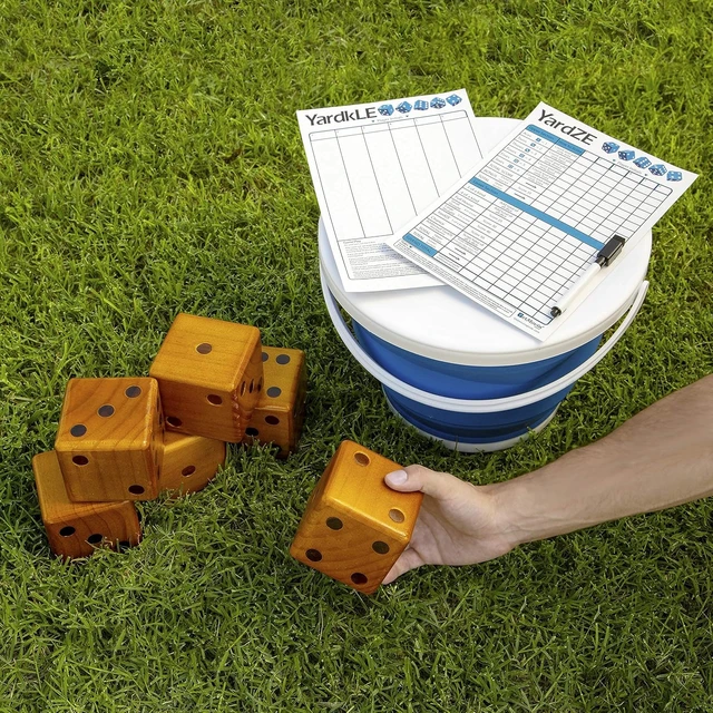Alt view image 2 of 5 - Stained Yardzee & Yard Farkle Dice Set (All Weather) Includes 6 Dice, Dry Erase Scorecard W/ Marker, Roll Bucket & Storage Lid (Dark Stain)