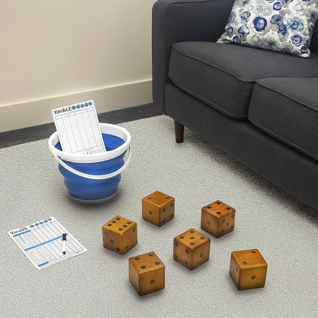 Alt view image 4 of 5 - Stained Yardzee & Yard Farkle Dice Set (All Weather) Includes 6 Dice, Dry Erase Scorecard W/ Marker, Roll Bucket & Storage Lid (Dark Stain)