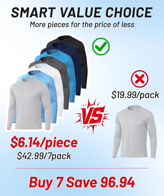 Alt view image 3 of 6 - Men's Long Sleeve Sun Protection Shirts 7 Pack Base Layer