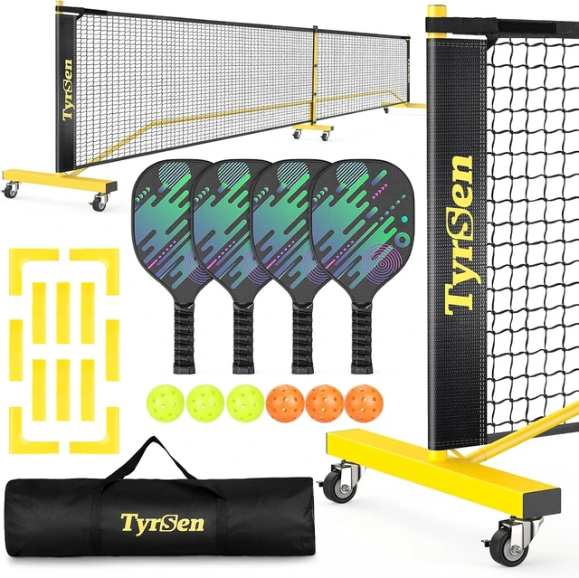 Main image of Pickleball Net Set on Wheels 22FT Regular Size for Driveway & Backyard, with 4 Paddles, 6 Balls, 12 Court Markers & Carry Bag for Indoor/Outdoor Play