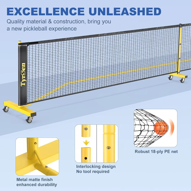 Alt view image 7 of 7 - Pickleball Net Set on Wheels 22FT Regular Size for Driveway & Backyard, with 4 Paddles, 6 Balls, 12 Court Markers & Carry Bag for Indoor/Outdoor Play