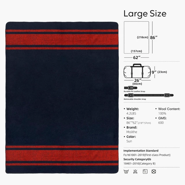Alt view image 6 of 7 - 100% Wool Military Blanket Warm & Thick, 62" x 86", Camping Gear