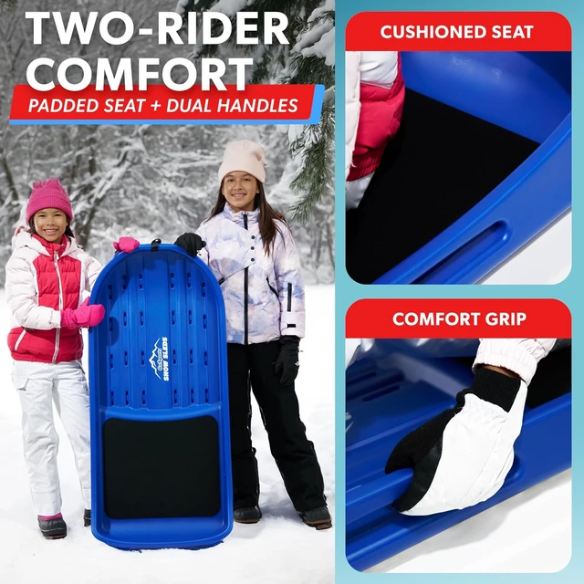 Alt view image 5 of 6 - 2 Person Premium Snow Sled Double Walled Construction with Pull Strap & Padded Seat, Choose Red or Blue