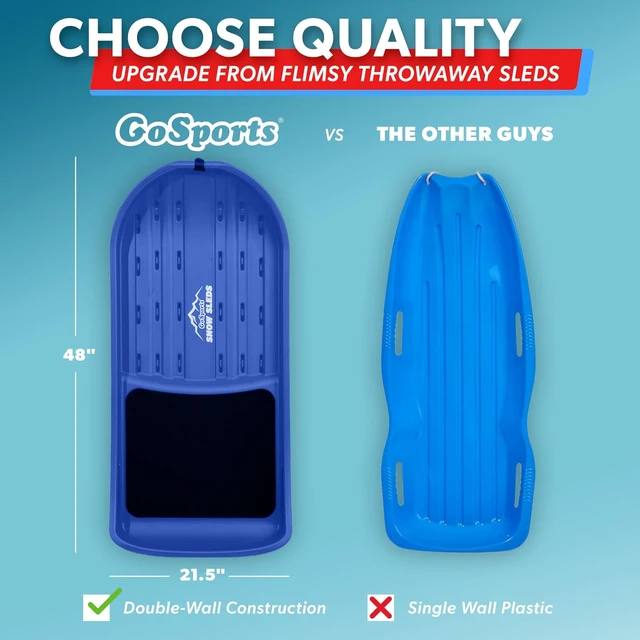 Alt view image 6 of 6 - 2 Person Premium Snow Sled Double Walled Construction with Pull Strap & Padded Seat, Choose Red or Blue