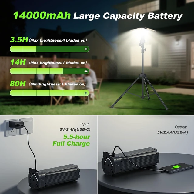 Alt view image 5 of 7 - Rechargeable Camping Lantern with Remote & Stand 8.2 Ft 14000 mAh, 6000 Lumen Magnetic Tent & Work Light for Hiking, Camping, Emergency & Power Outages