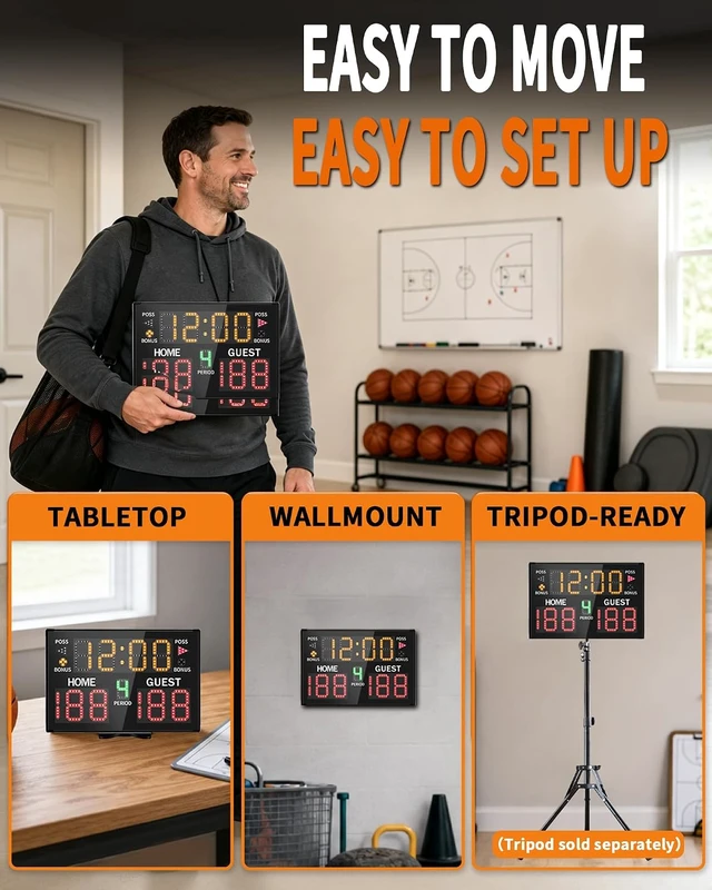 Alt view image 7 of 7 - Electronic Basketball Scoreboard with Buzzer & Remote Portable Battery Powered Digital Score Keeper for Sports Games