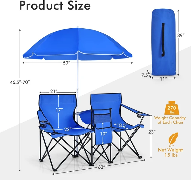 Alt view image 3 of 7 - 2-Person Double Camping Chair with Umbrella Folding w/ Cooler Bag, Cup Holders, Side Pocket & Carry Bag for Outdoor, Sports, Fishing, Travel & Picnic