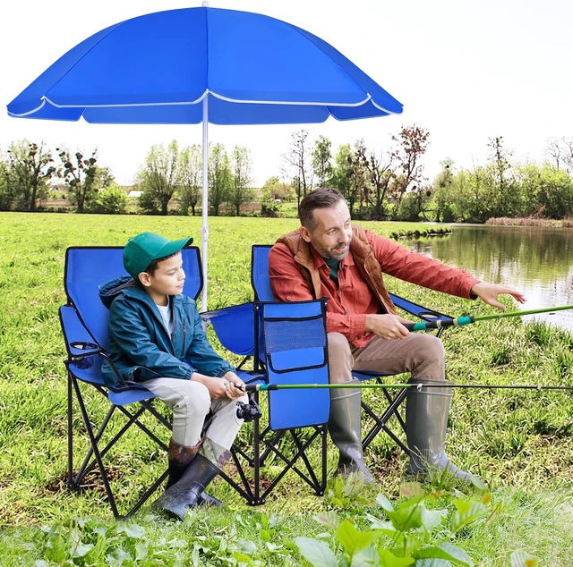 Alt view image 2 of 7 - 2-Person Double Camping Chair with Umbrella Folding w/ Cooler Bag, Cup Holders, Side Pocket & Carry Bag for Outdoor, Sports, Fishing, Travel & Picnic