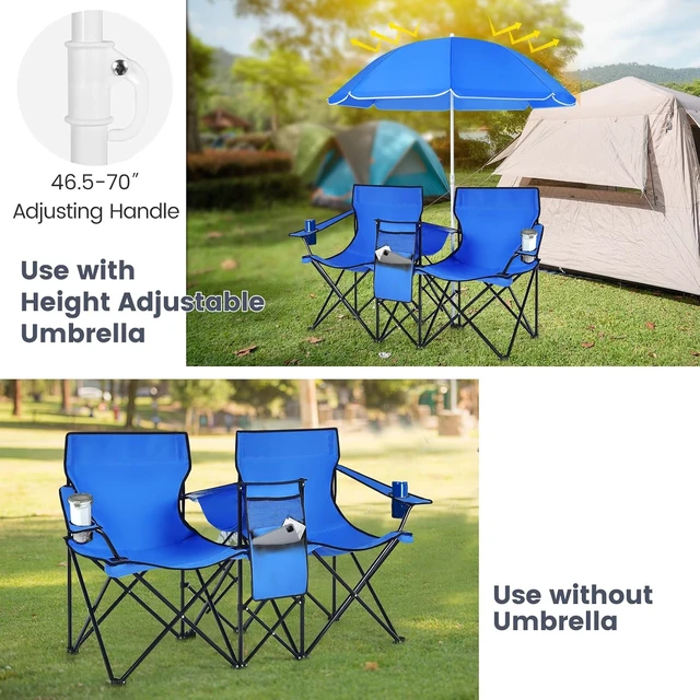 Alt view image 4 of 7 - 2-Person Double Camping Chair with Umbrella Folding w/ Cooler Bag, Cup Holders, Side Pocket & Carry Bag for Outdoor, Sports, Fishing, Travel & Picnic