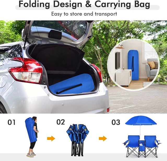Alt view image 5 of 7 - 2-Person Double Camping Chair with Umbrella Folding w/ Cooler Bag, Cup Holders, Side Pocket & Carry Bag for Outdoor, Sports, Fishing, Travel & Picnic