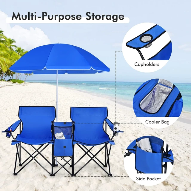 Alt view image 6 of 7 - 2-Person Double Camping Chair with Umbrella Folding w/ Cooler Bag, Cup Holders, Side Pocket & Carry Bag for Outdoor, Sports, Fishing, Travel & Picnic