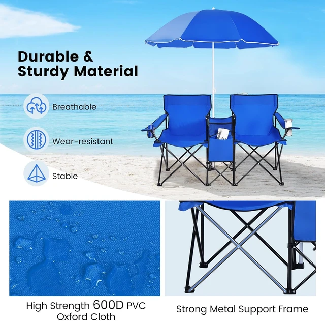 Alt view image 7 of 7 - 2-Person Double Camping Chair with Umbrella Folding w/ Cooler Bag, Cup Holders, Side Pocket & Carry Bag for Outdoor, Sports, Fishing, Travel & Picnic