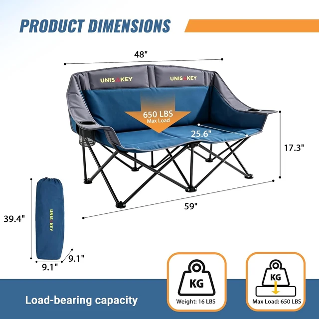 Alt view image 3 of 7 - Oversized Double Camping Loveseat Chair 650LBS Capacity, Blue