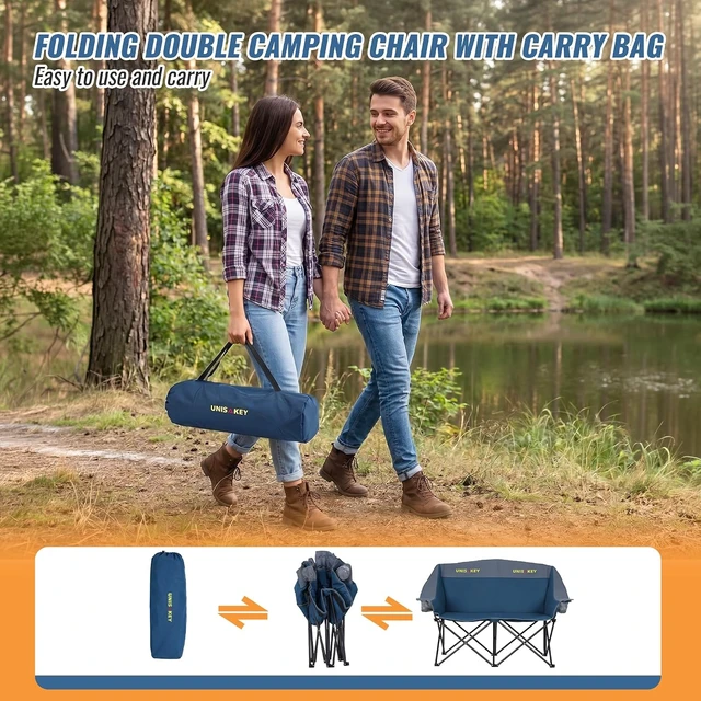 Alt view image 7 of 7 - Oversized Double Camping Loveseat Chair 650LBS Capacity, Blue
