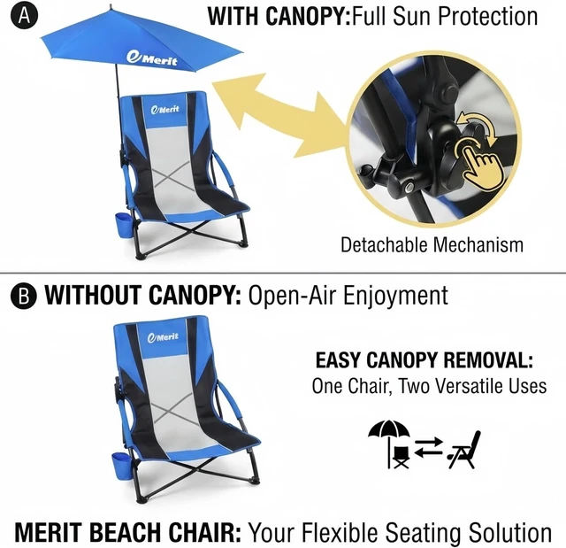 Alt view image 6 of 7 - Low Beach Camping Chair with Detachable Sun Canopy Umbrella