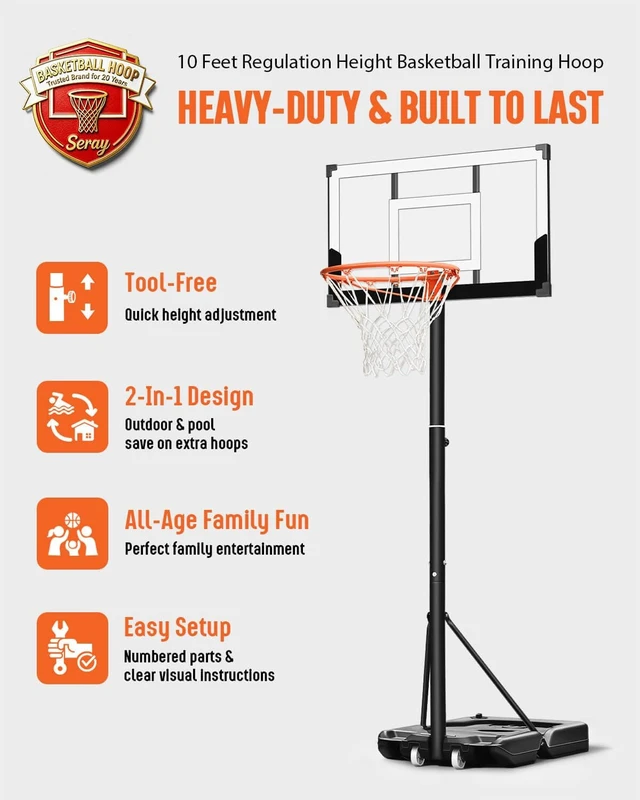Alt view image 2 of 7 - Basketball Hoop with 40 Inch Shatterproof Backboard 3.3-10FT Height Adjustable, Rust-Resistant Poolside Goal for Adults/Kids, Indoor & Outdoor