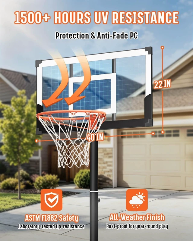 Alt view image 4 of 7 - Basketball Hoop with 40 Inch Shatterproof Backboard 3.3-10FT Height Adjustable, Rust-Resistant Poolside Goal for Adults/Kids, Indoor & Outdoor