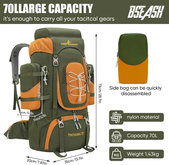 Alt view image 2 of 7 - 70L (65+5) Waterproof Hiking Backpack with Rain Cover Outdoor Travel Daypack for Climbing & Touring (Army Green)