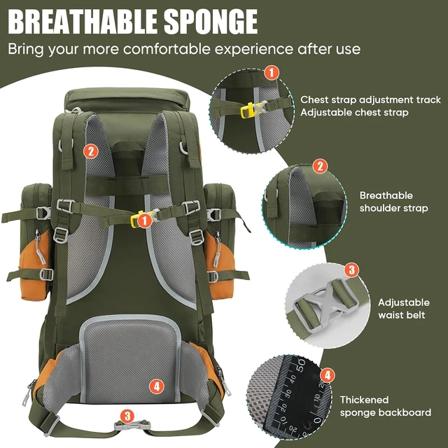 Alt view image 3 of 7 - 70L (65+5) Waterproof Hiking Backpack with Rain Cover Outdoor Travel Daypack for Climbing & Touring (Army Green)