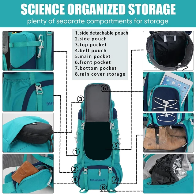 Alt view image 4 of 7 - 70L (65+5) Waterproof Hiking Backpack with Rain Cover Outdoor Travel Daypack for Climbing & Touring (Army Green)
