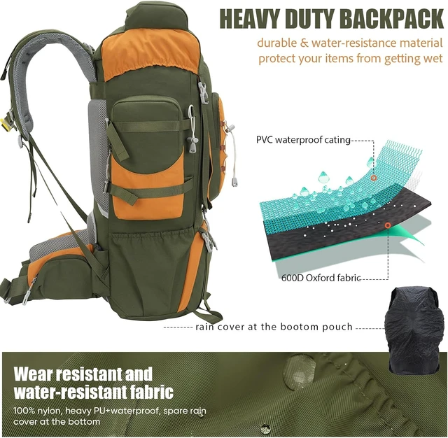 Alt view image 6 of 7 - 70L (65+5) Waterproof Hiking Backpack with Rain Cover Outdoor Travel Daypack for Climbing & Touring (Army Green)