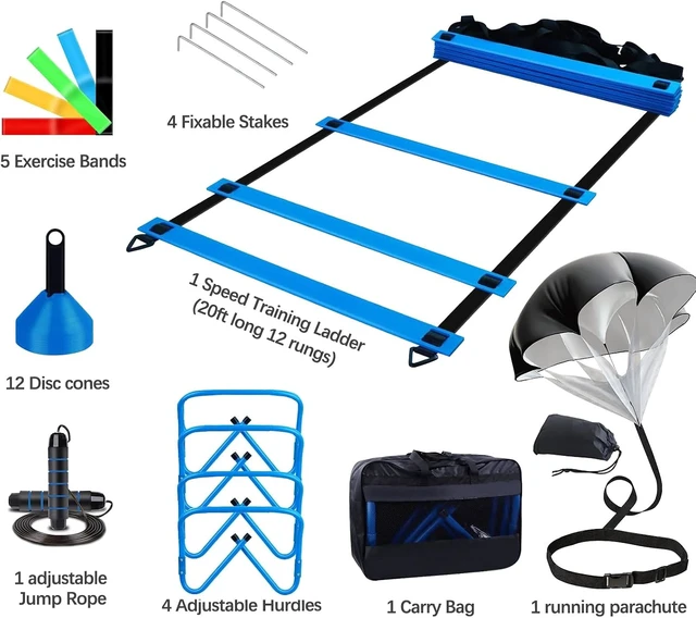 Alt view image 2 of 7 - Agility Training Equipment Includes 20FT Agility Ladder, 4 Adjustable Hurdles, 12 Cones & Parachute for Soccer, Basketball & Football Athletes