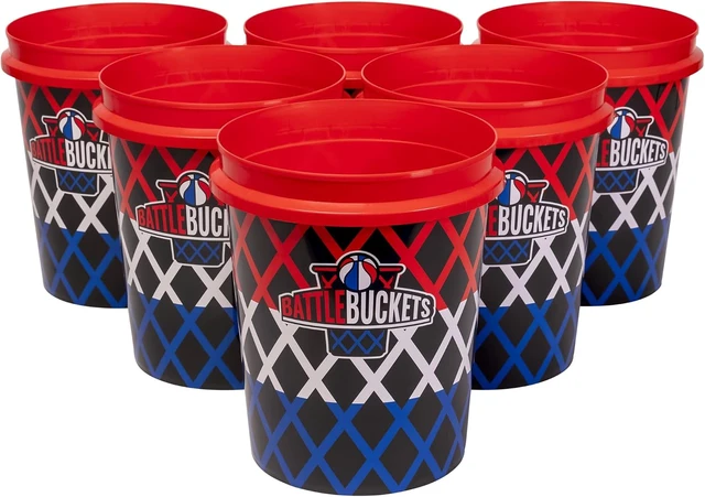 Alt view image 2 of 6 - Battle Buckets Giant Yard Pong & Basketball Game with 12 Buckets, 2 Balls, Carrying Bag & Air Pump for Lawn, Backyard, Beach & Parties