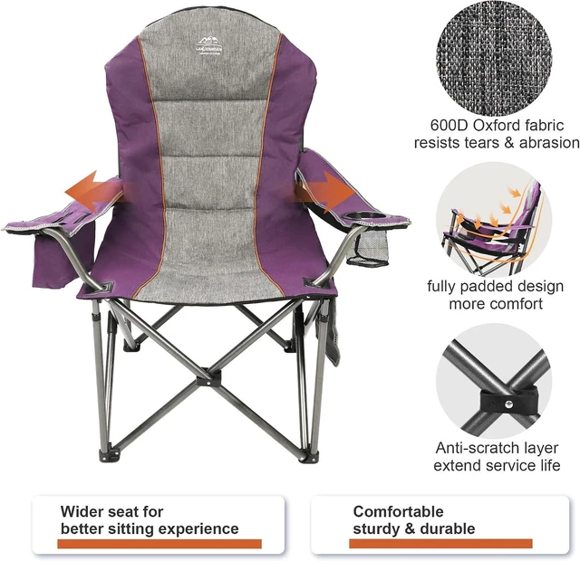 Alt view image 4 of 6 - High Back Heavy Duty Folding Camping Chair for Adults with Cup Holder & Cooler Bag Outdoor Lawn Chair for Camping, Hiking, Picnics & Beach Trips, Purple