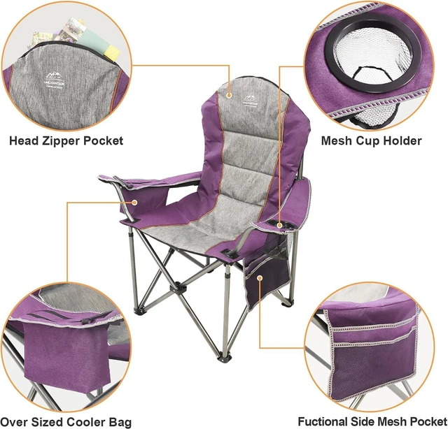Alt view image 5 of 6 - High Back Heavy Duty Folding Camping Chair for Adults with Cup Holder & Cooler Bag Outdoor Lawn Chair for Camping, Hiking, Picnics & Beach Trips, Purple