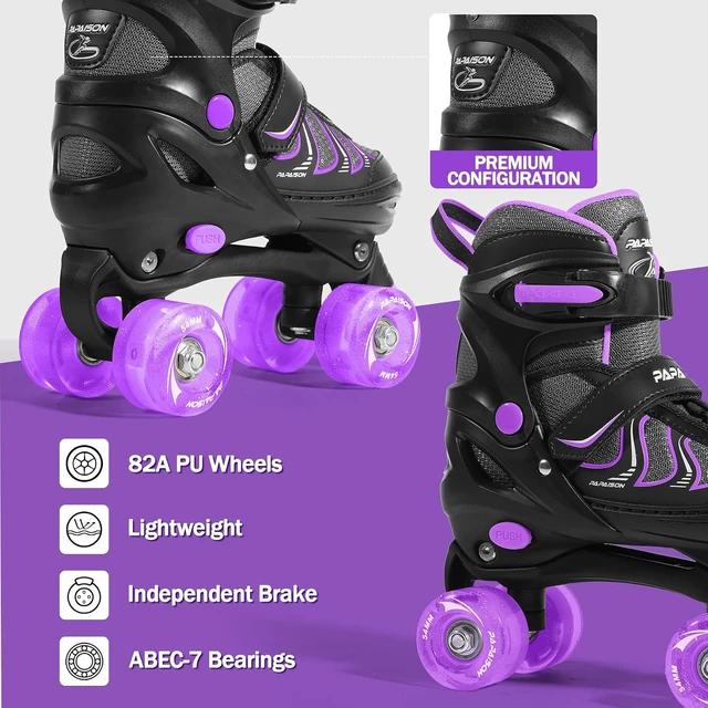 Alt view image 4 of 7 - Adjustable Quad Roller Skates with Light-Up Wheels for Girls Ages 8-12 Youth & Women, Indoor/Outdoor