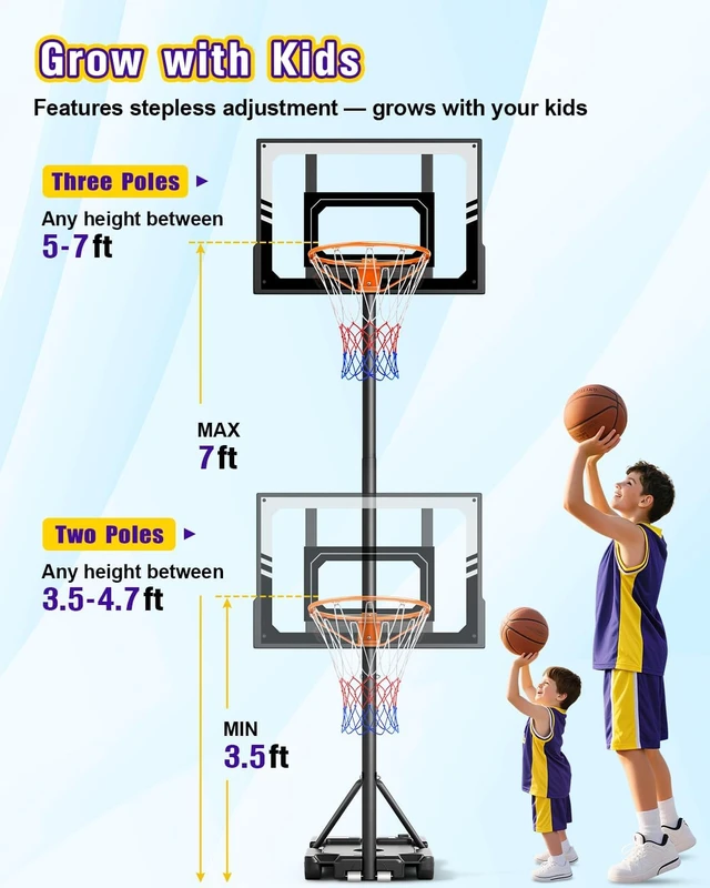 Alt view image 5 of 7 - Portable Kids Basketball Hoop 3.5-7ft Stepless Adjustable Height with Shatterproof PC Backboard for Backyard, Driveway & Indoor
