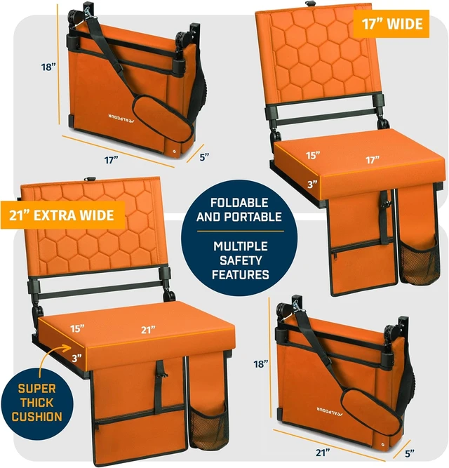 Alt view image 2 of 7 - Extra Wide Folding Reclining Stadium Seat with Back Support Bleacher Hooks, Thick Cushion, Cup Holder & Storage Pockets, Portable for Kayak, Canoe, Paddle Board, Concerts & Sports