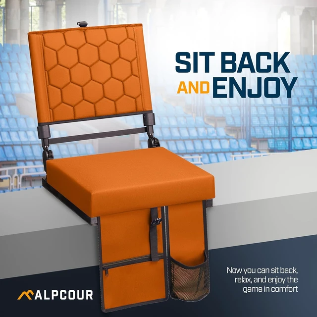 Alt view image 3 of 7 - Extra Wide Folding Reclining Stadium Seat with Back Support Bleacher Hooks, Thick Cushion, Cup Holder & Storage Pockets, Portable for Kayak, Canoe, Paddle Board, Concerts & Sports