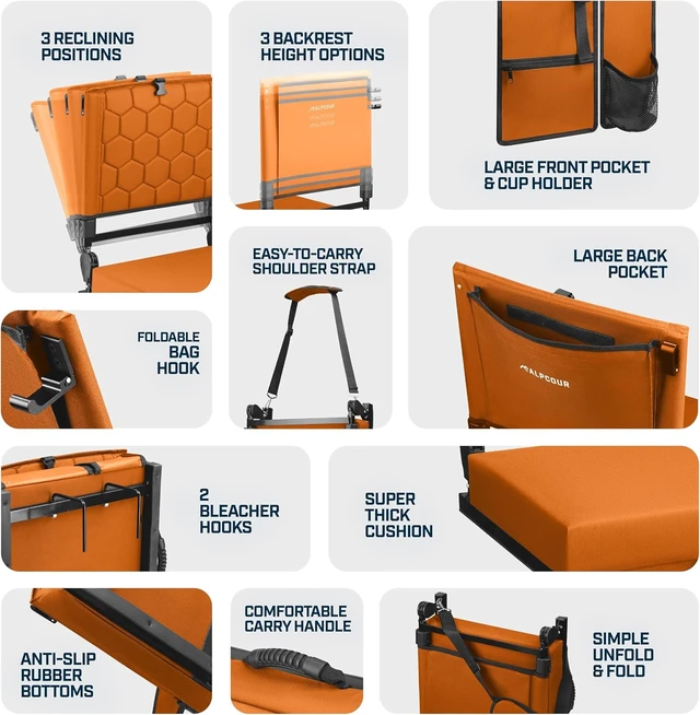 Alt view image 5 of 7 - Extra Wide Folding Reclining Stadium Seat with Back Support Bleacher Hooks, Thick Cushion, Cup Holder & Storage Pockets, Portable for Kayak, Canoe, Paddle Board, Concerts & Sports