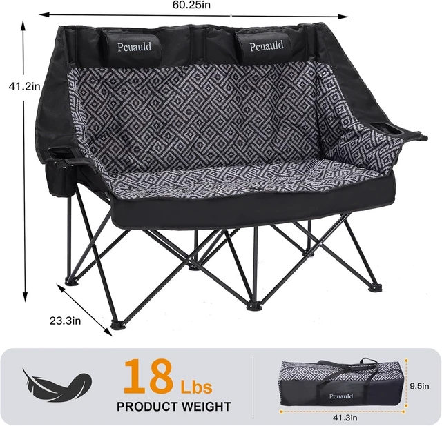 Alt view image 2 of 7 - High Back Padded Double Camping Loveseat Chair Adjustable Pillows, Cup Holders & Wine Racks, Heavy Duty 2 Person Lawn Chair for Outdoor, Sports, Beach & Fishing