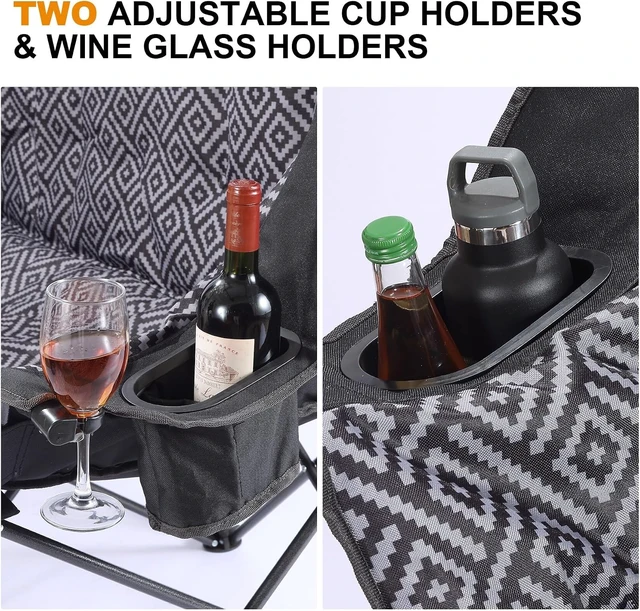 Alt view image 4 of 7 - High Back Padded Double Camping Loveseat Chair Adjustable Pillows, Cup Holders & Wine Racks, Heavy Duty 2 Person Lawn Chair for Outdoor, Sports, Beach & Fishing