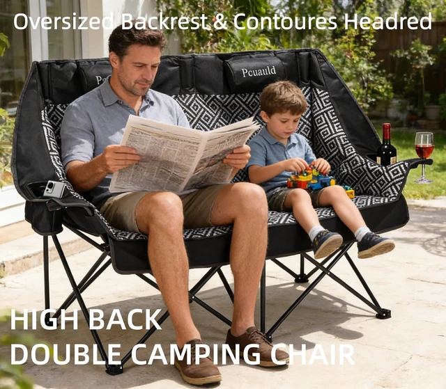 Alt view image 5 of 7 - High Back Padded Double Camping Loveseat Chair Adjustable Pillows, Cup Holders & Wine Racks, Heavy Duty 2 Person Lawn Chair for Outdoor, Sports, Beach & Fishing