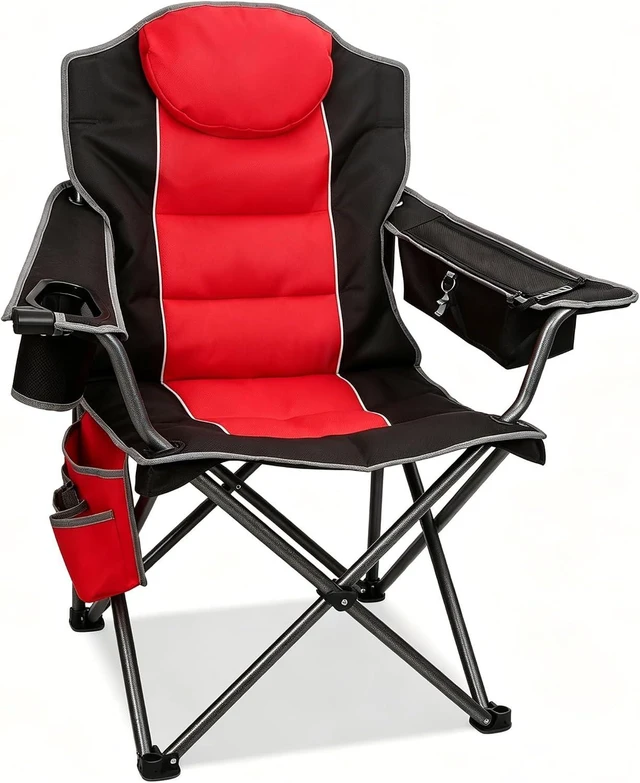 Main image of Oversized Full Padded Camping Chair with Cup Holder, Cooler Bag & Shoulder Straps Heavy Duty Outdoor Folding Lawn Chair for Camping, Beach & Fishing, 350 LBS, Red