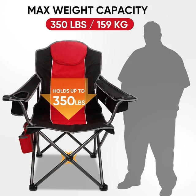 Alt view image 5 of 7 - Oversized Full Padded Camping Chair with Cup Holder, Cooler Bag & Shoulder Straps Heavy Duty Outdoor Folding Lawn Chair for Camping, Beach & Fishing, 350 LBS, Red