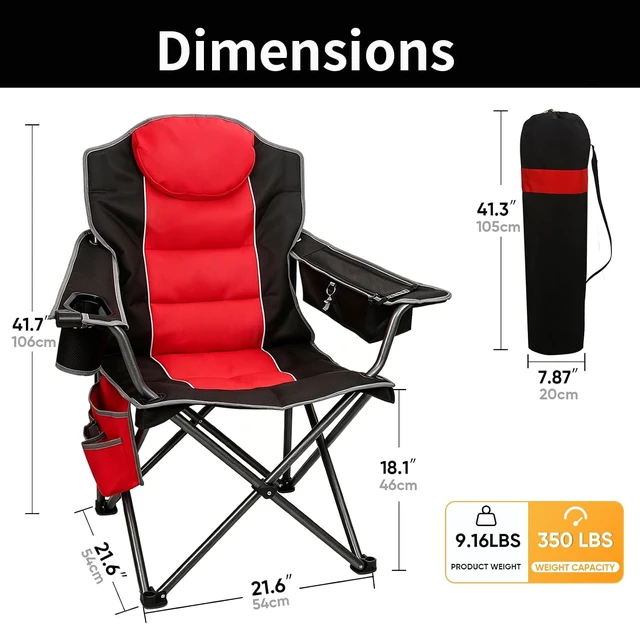 Alt view image 3 of 7 - Oversized Full Padded Camping Chair with Cup Holder, Cooler Bag & Shoulder Straps Heavy Duty Outdoor Folding Lawn Chair for Camping, Beach & Fishing, 350 LBS, Red