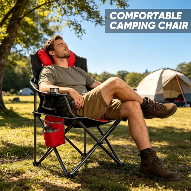 Alt view image 6 of 7 - Oversized Full Padded Camping Chair with Cup Holder, Cooler Bag & Shoulder Straps Heavy Duty Outdoor Folding Lawn Chair for Camping, Beach & Fishing, 350 LBS, Red