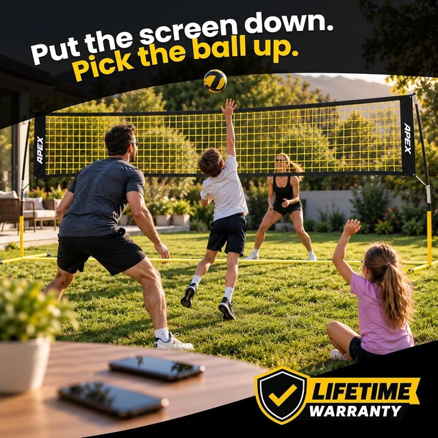 Alt view image 2 of 7 - Portable Volleyball Training Net 12' Wide, Adjustable Height 7.4' to 8', Includes Ground Stakes & Carry Bag for Indoor & Outdoor Use