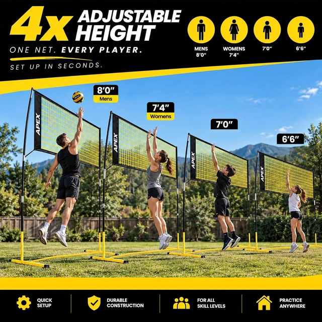Alt view image 5 of 7 - Portable Volleyball Training Net 12' Wide, Adjustable Height 7.4' to 8', Includes Ground Stakes & Carry Bag for Indoor & Outdoor Use