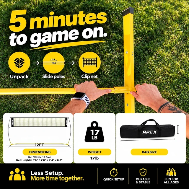 Alt view image 7 of 7 - Portable Volleyball Training Net 12' Wide, Adjustable Height 7.4' to 8', Includes Ground Stakes & Carry Bag for Indoor & Outdoor Use