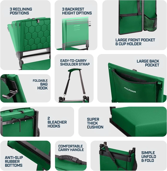 Alt view image 5 of 7 - Folding Reclining Stadium Seats with Back Support & Cushion for Bleachers Bleacher Chair for Football, Camping, Kayak, Canoe, Paddle Board, Concerts & Sports Events