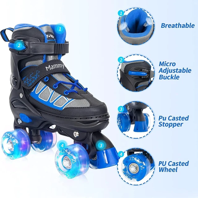 Alt view image 3 of 7 - Adjustable Quad Roller Skates with Light-Up Wheels for Kids, Boys & Girls Ages 6-12 Outdoor Sports for Toddlers & Beginners