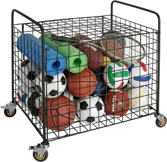 Main image of Professional Metal Multi-Sport Ball Storage Cart with Jumbo Industrial Wheels Commercial Portable Equipment Cage for Basketball, Football, Soccer & Volleyball