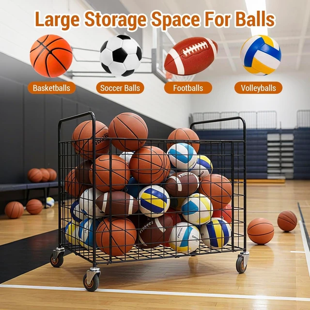 Alt view image 2 of 7 - Professional Metal Multi-Sport Ball Storage Cart with Jumbo Industrial Wheels Commercial Portable Equipment Cage for Basketball, Football, Soccer & Volleyball